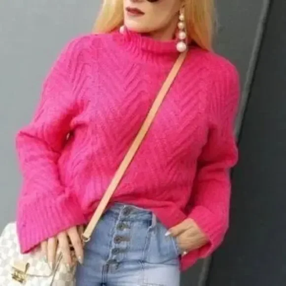 Free People Mock Neck Bell Sleeve Sweater Hot Pink XL - Picture 8 of 9